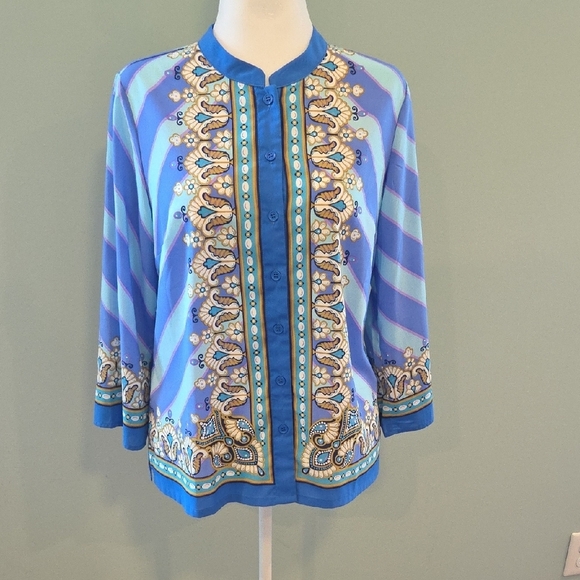 Bob Mackie Wearable Art Purple, Blue Gold And White Button-Down Tunic Women's M - Picture 2 of 10
